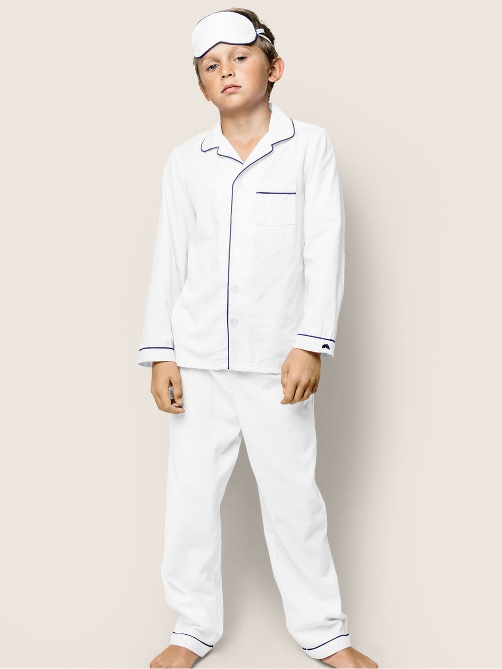 Petite Plume Pajama Set in White with Navy Piping Size 14